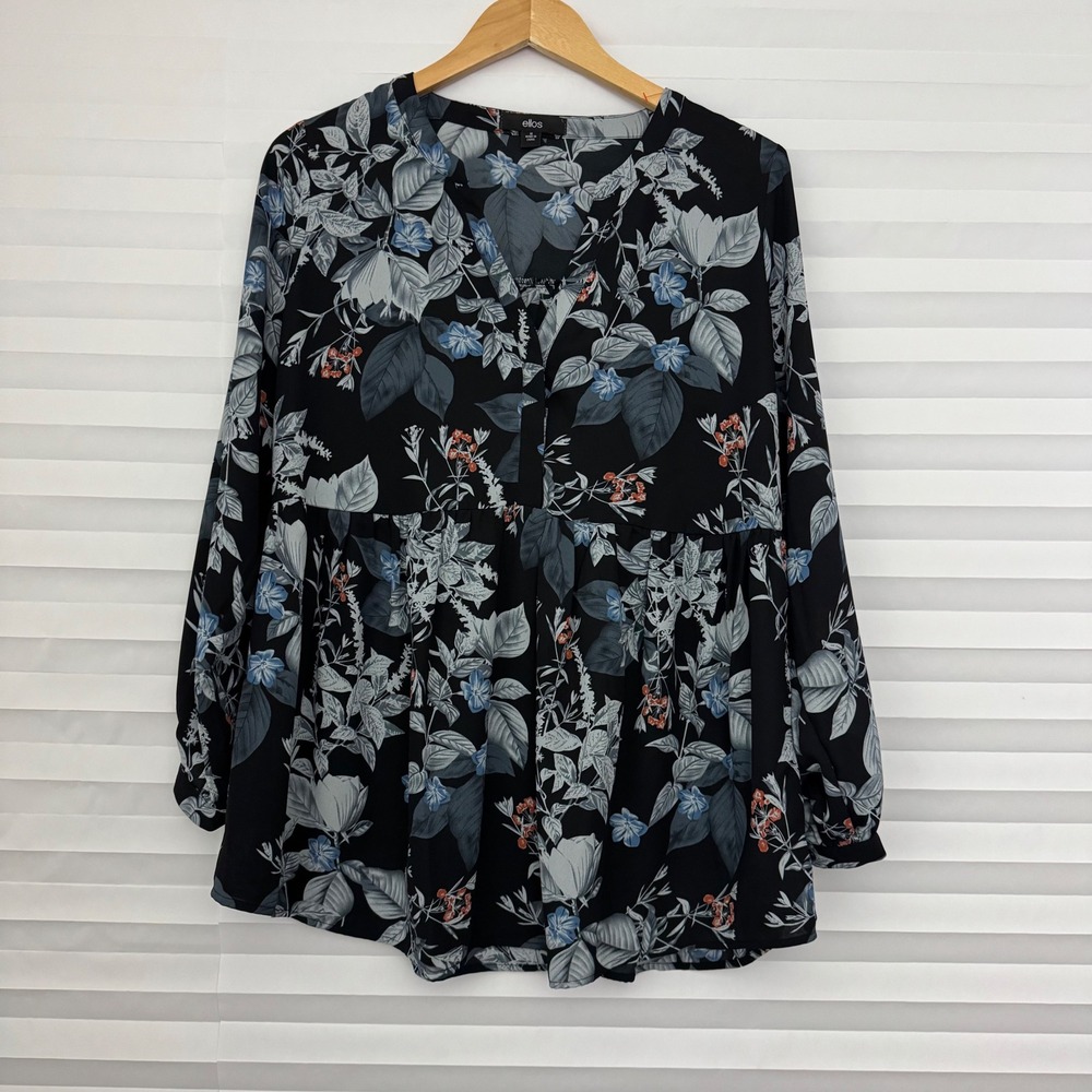 Ellos Women Black Floral Babydoll Boho Blouse Long Sleeve Split Neck Top Size 12